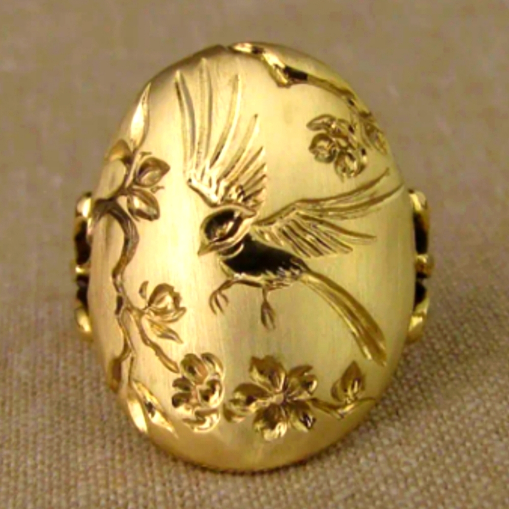 💍 BIRD & FLOWER 🐦 18k Gold Plated Gorgeous Bird & Flower Engraved Ring NEW